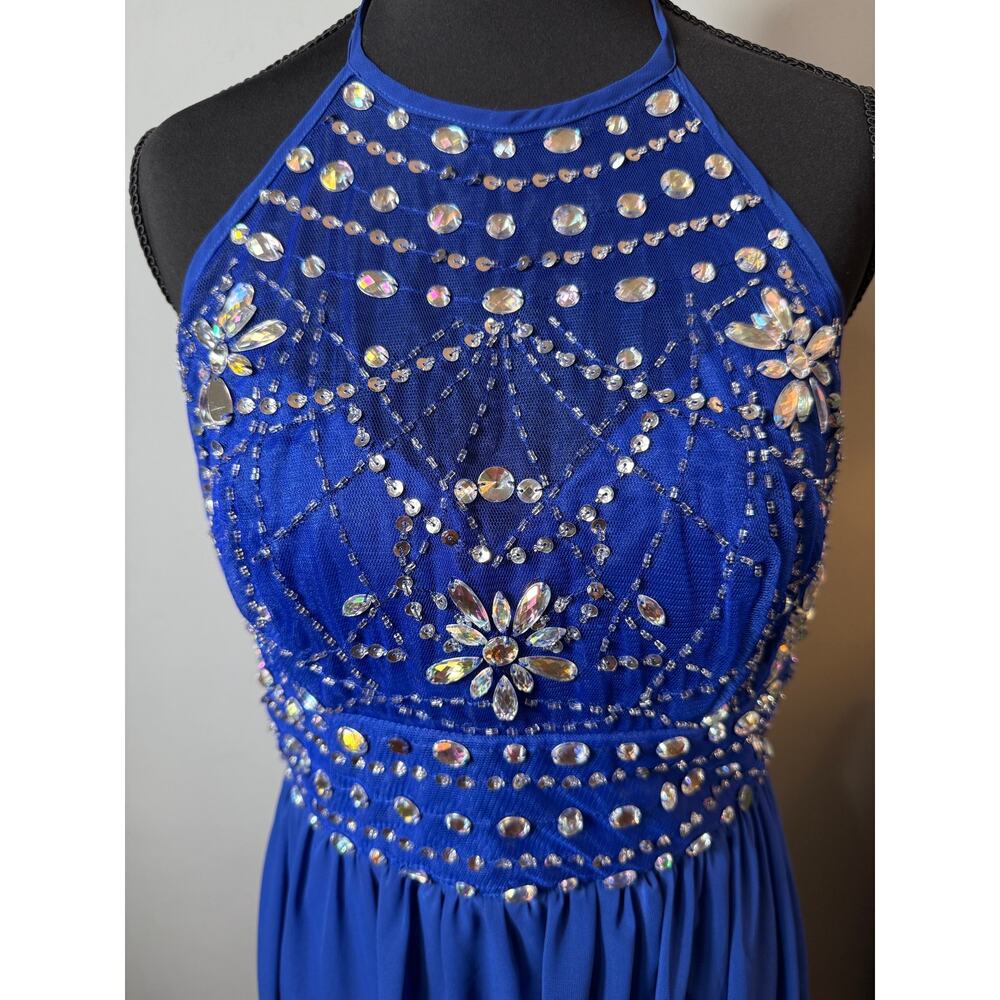 Y2K B Darlin Royal Blue Heavily Embellished Halter Chiffon Juniors 9/10 Formal - Picture 5 of 13